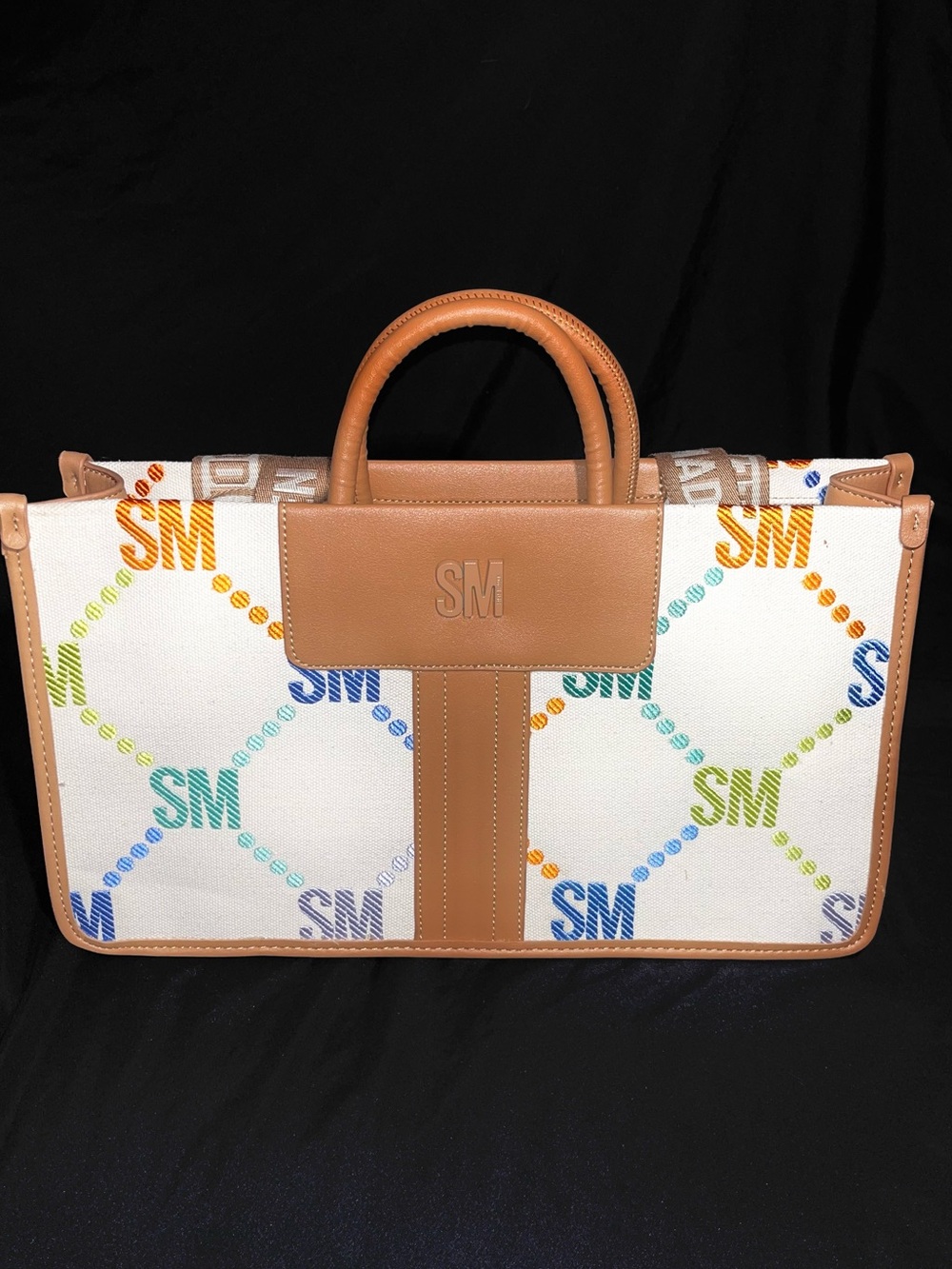 Multicolor Steve Madden Logo Canvas Purse with Tan Leather Trim - Picture 3 of 10